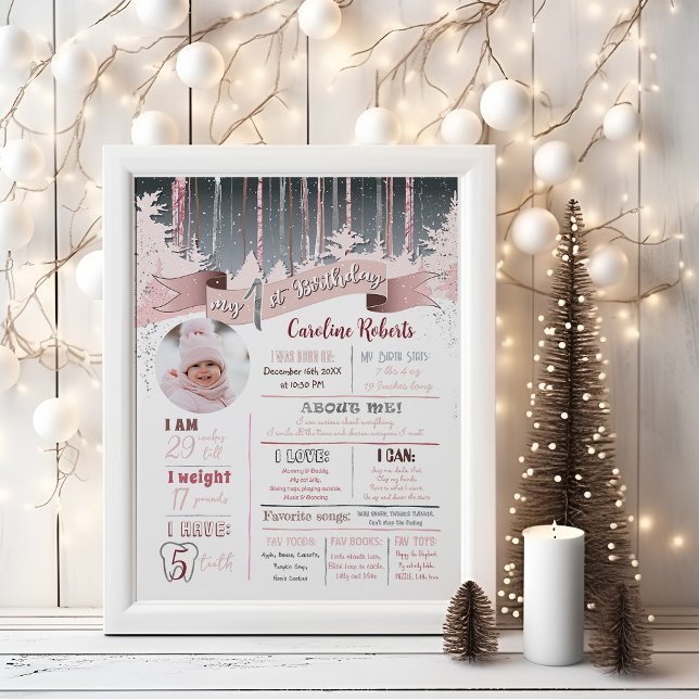Winter Snow Forest First Birthday Stats Photo Poster (First Birthday Stats Poster Instant Download)