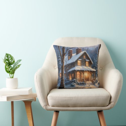 Winter Snow Forest House  Throw Pillow
