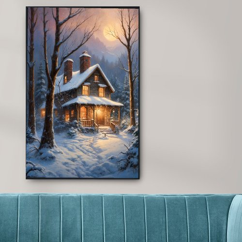 Winter Snow Forest House Whimsical Art Painting  Poster