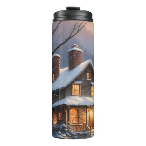 Winter Snow Forest House Whimsical Art Painting  Thermal Tumbler