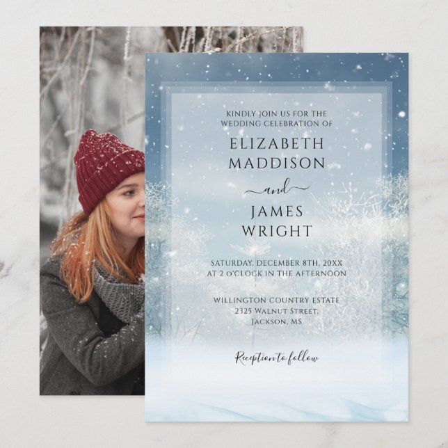 Winter Snow Forest Photo Wedding Invitation (Front/Back)