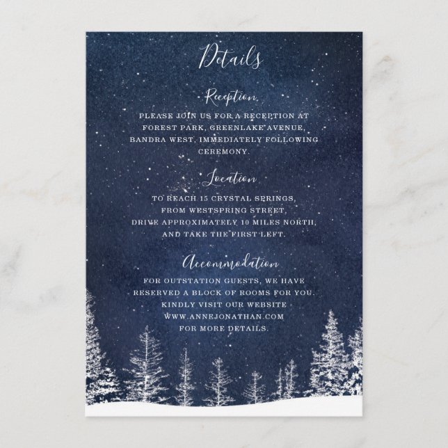 Winter Snow Forest Starry Night Navy Wedding Enclosure Card (Front)
