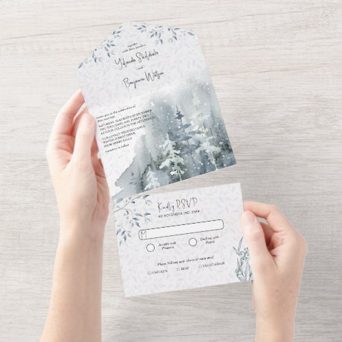 Winter Snow Forest Watercolor Wedding with RSVP All In One Invitation