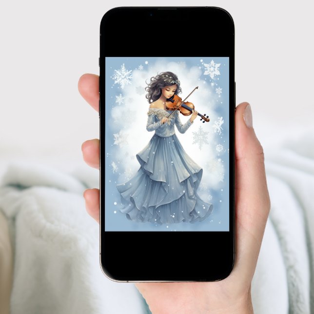 Winter Snow Girl Playing Violin Christmas Music Holiday Card (Front Digital)