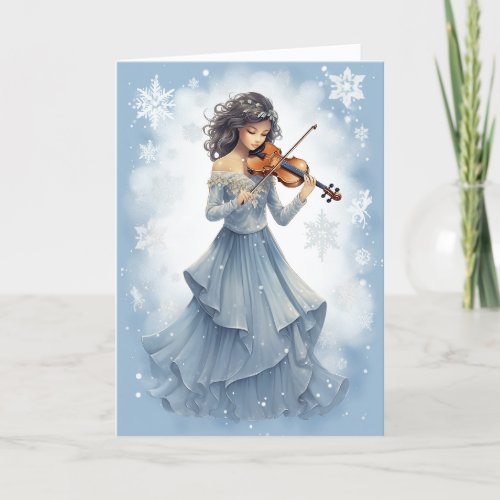 Winter Snow Girl Playing Violin Christmas Music Holiday Card