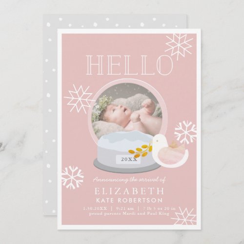 Winter Snow Globe Pink Girl Birth Announcement