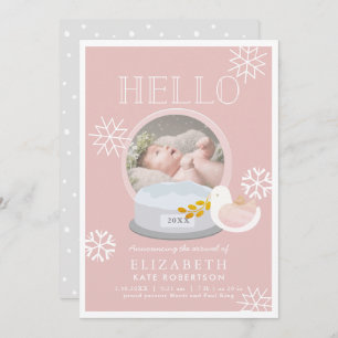 Winter Snow Globe Pink Girl Birth Announcement