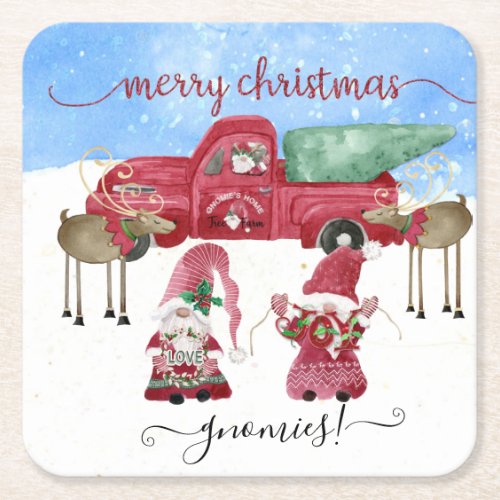 Winter Snow Gnomes Merry Christmas Red Truck Square Paper Coaster