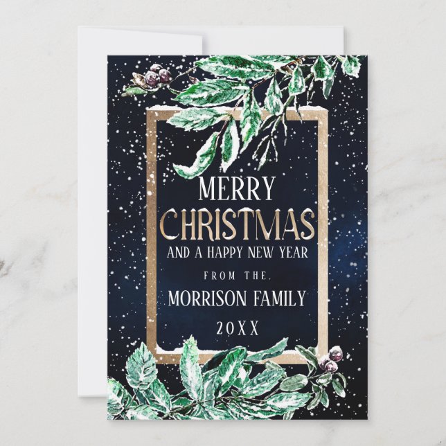 Winter Snow Gold Navy Leaf Watercolor Christmas Holiday Card (Front)