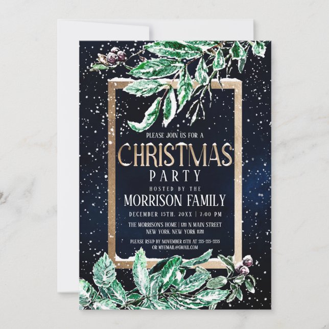 Winter Snow Gold Navy Leaf Watercolor Christmas Invitation (Front)