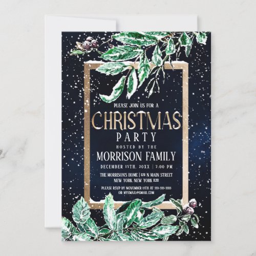 Winter Snow Gold Navy Leaf Watercolor Christmas Invitation