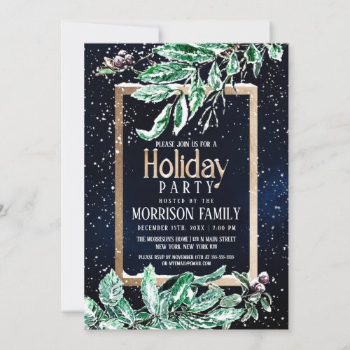 Winter Snow Gold Navy Leaf Watercolor Holiday Invitation