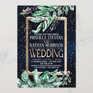Winter Snow Gold Navy Leaf Watercolor Wedding Invitation