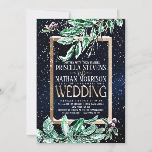 Winter Snow Gold Navy Leaf Watercolor Wedding Invitation