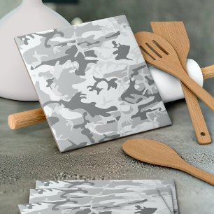 Winter Snow Gray Camouflage, Military, Army Ceramic Tile