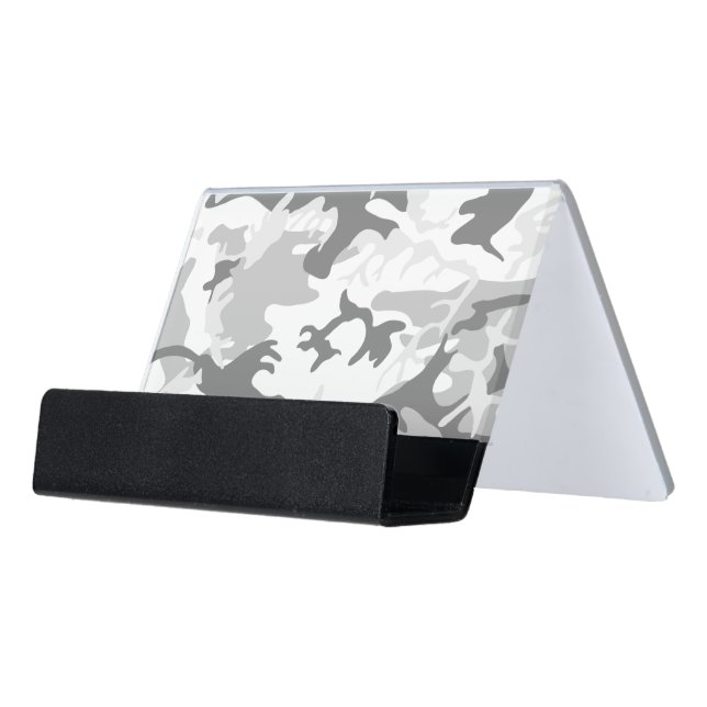 Winter Snow Gray Camouflage, Military, Army Desk Business Card Holder (Angled Front)