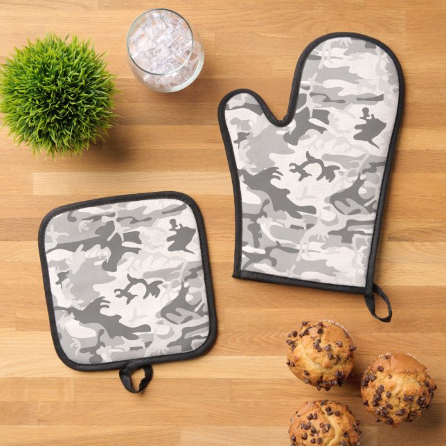 Winter Snow Gray Camouflage, Military, Army Oven Mitt & Pot Holder Set (Top Down)