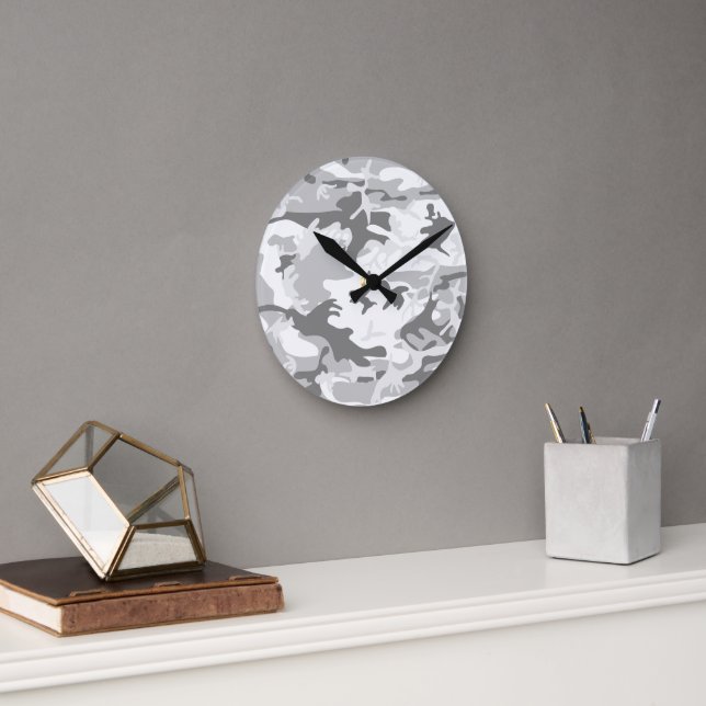 Winter Snow Gray Camouflage, Military, Army Round Clock (Office)