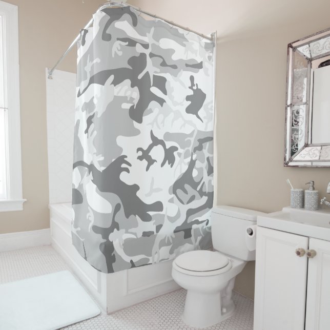 Winter Snow Gray Camouflage, Military, Army Shower Curtain (In Situ)