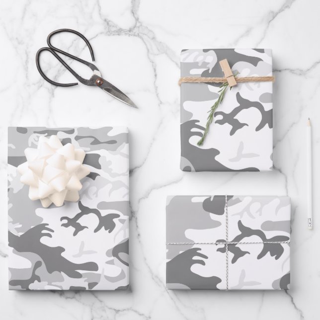Winter Snow Gray Camouflage, Military, Army Wrapping Paper Sheets (Front)