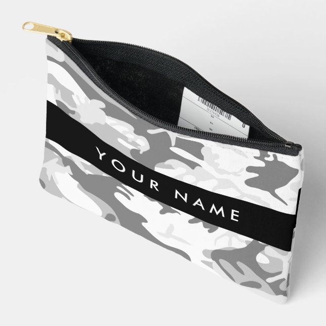 Winter Snow Gray Camouflage Your name Personalize Accessory Pouch (Open)