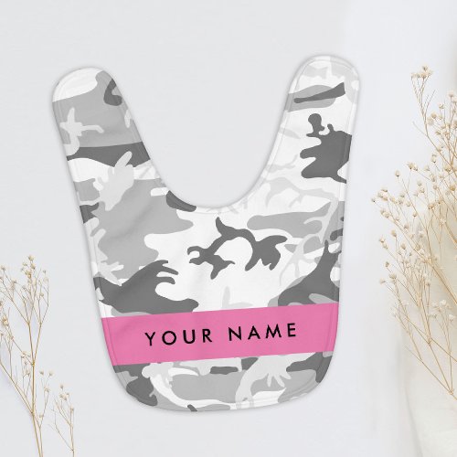 Winter Snow Gray Camouflage Your name Personalize Baby Bib