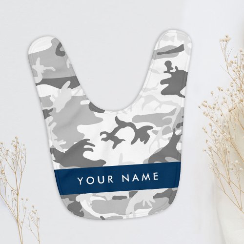 Winter Snow Gray Camouflage Your name Personalize Baby Bib
