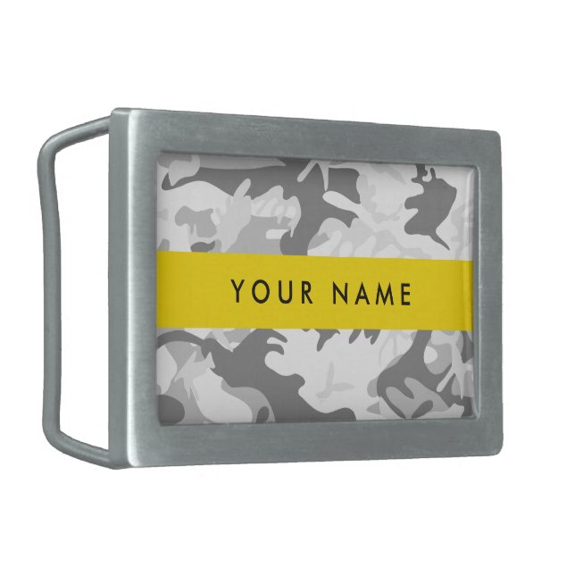 Winter Snow Gray Camouflage Your name Personalize Belt Buckle (Front Left)