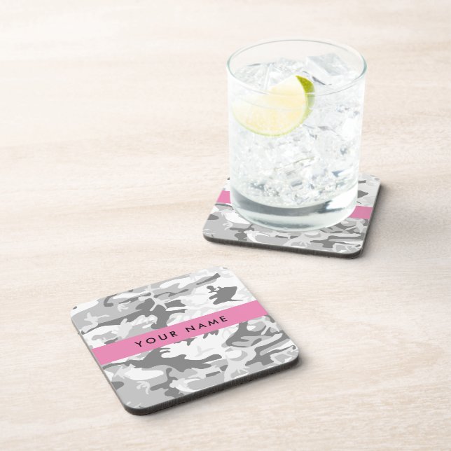 Winter Snow Gray Camouflage Your name Personalize Beverage Coaster (Right Side)