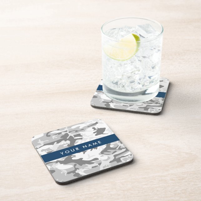 Winter Snow Gray Camouflage Your name Personalize Beverage Coaster (Right Side)