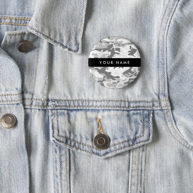 Winter Snow Gray Camouflage Your name Personalize Button (In Situ)