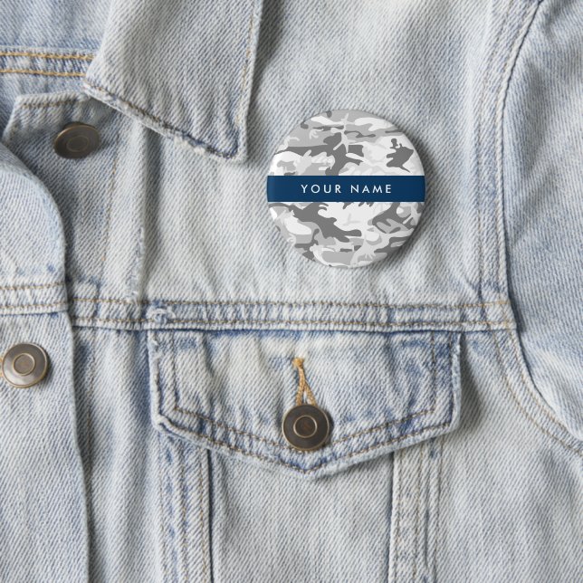Winter Snow Gray Camouflage Your name Personalize Button (In Situ)