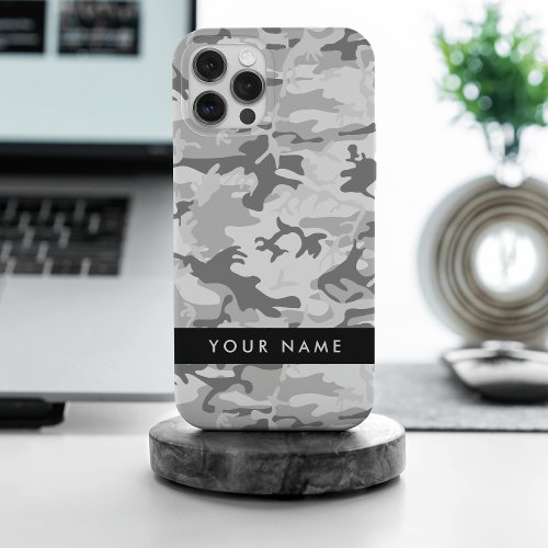 Winter Snow Gray Camouflage Your name Personalize iPhone 15 Pro Max Case