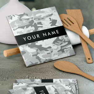 Winter Snow Gray Camouflage Your name Personalize Ceramic Tile