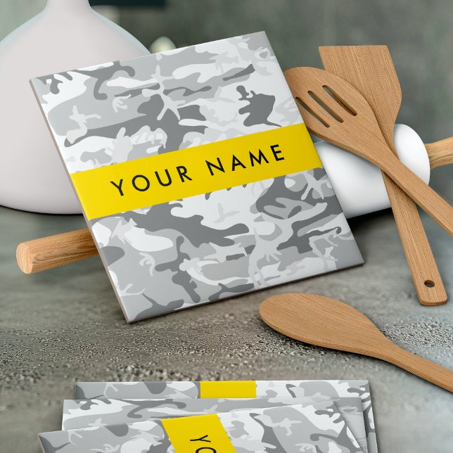 Winter Snow Gray Camouflage Your name Personalize Ceramic Tile (Creator Uploaded)
