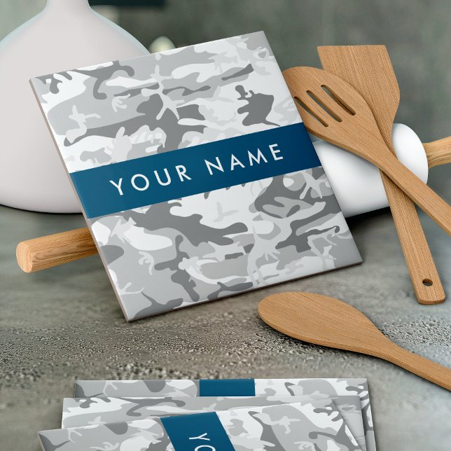 Winter Snow Gray Camouflage Your name Personalize Ceramic Tile (Creator Uploaded)