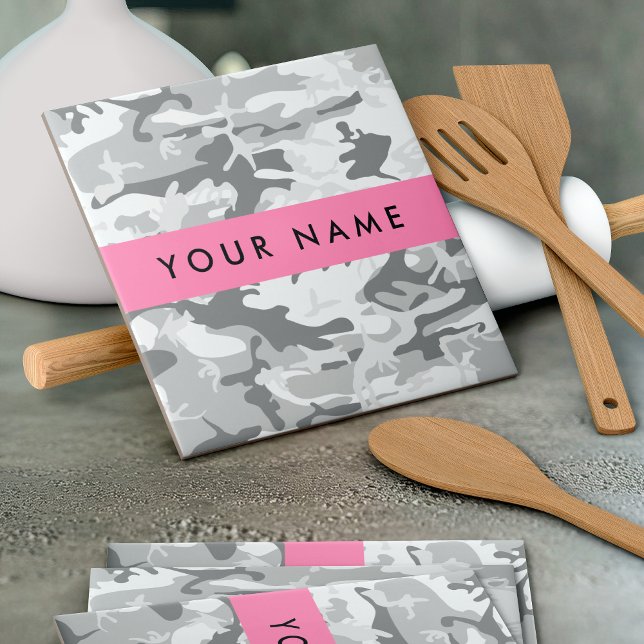 Winter Snow Gray Camouflage Your name Personalize Ceramic Tile (Creator Uploaded)