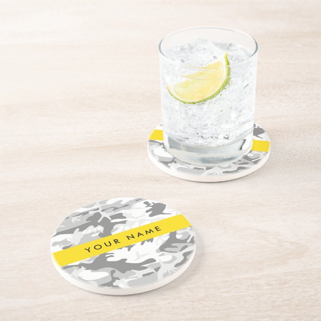 Winter Snow Gray Camouflage Your name Personalize Coaster (Side)