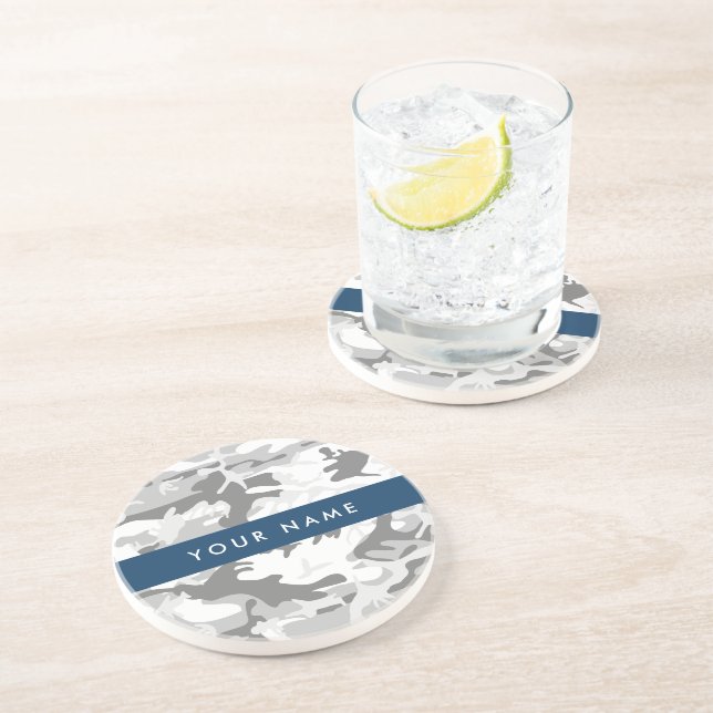 Winter Snow Gray Camouflage Your name Personalize Coaster (Side)