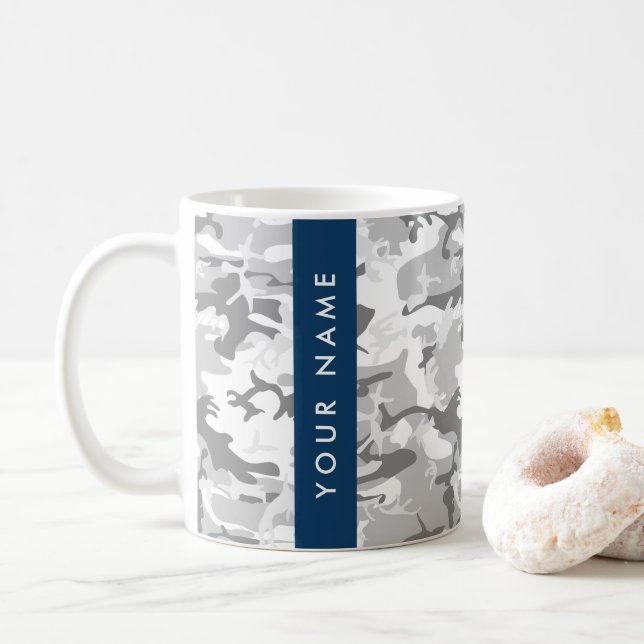 Winter Snow Gray Camouflage Your name Personalize Coffee Mug (With Donut)