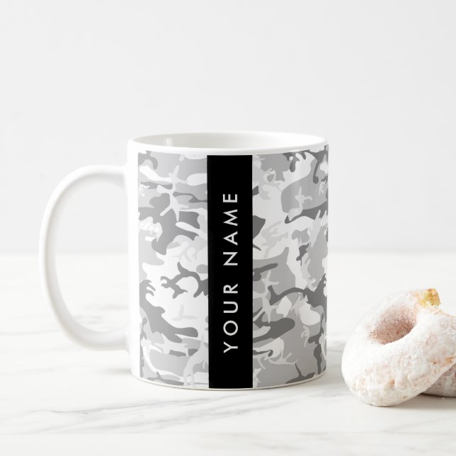 Winter Snow Gray Camouflage Your name Personalize Coffee Mug (With Donut)