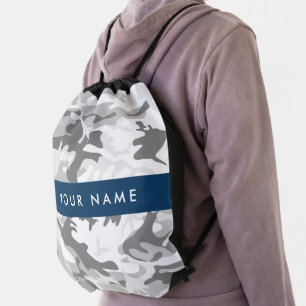 Winter Snow Gray Camouflage Your name Personalize Drawstring Bag