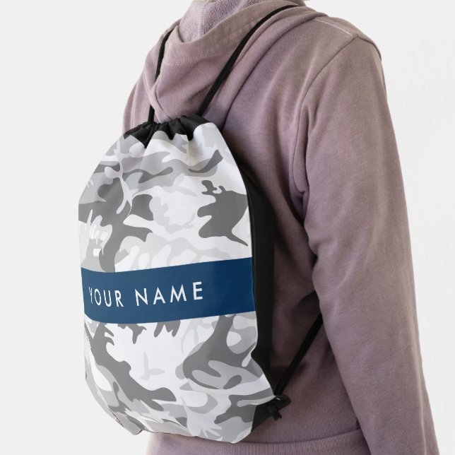 Winter Snow Gray Camouflage Your name Personalize Drawstring Bag (Insitu)