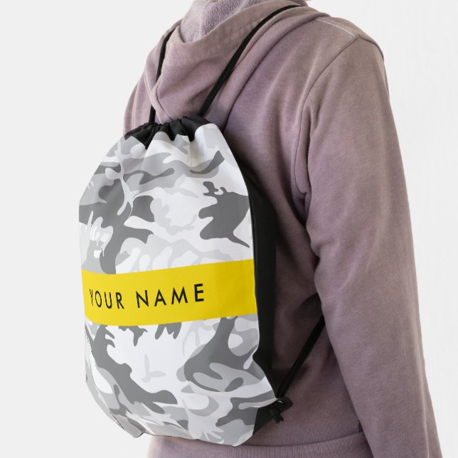Winter Snow Gray Camouflage Your name Personalize Drawstring Bag (Insitu)