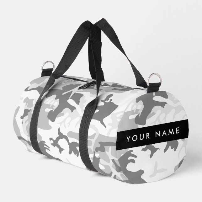 Winter Snow Gray Camouflage Your name Personalize Duffle Bag (Left Corner)