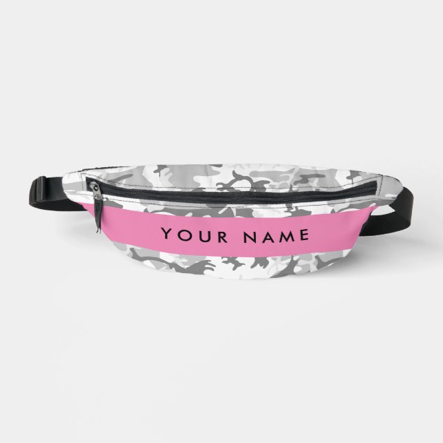 Winter Snow Gray Camouflage Your name Personalize Fanny Pack (Front)