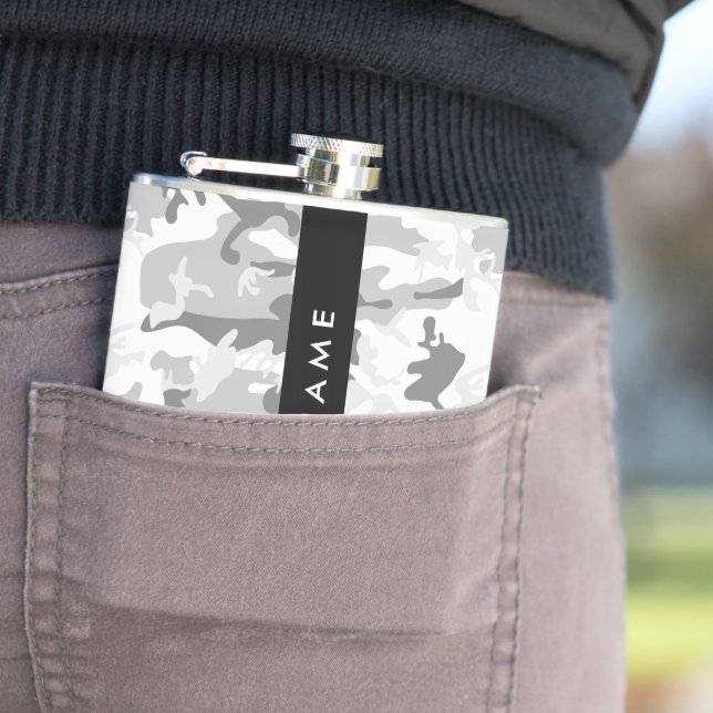 Winter Snow Gray Camouflage Your name Personalize Flask (In Situ)