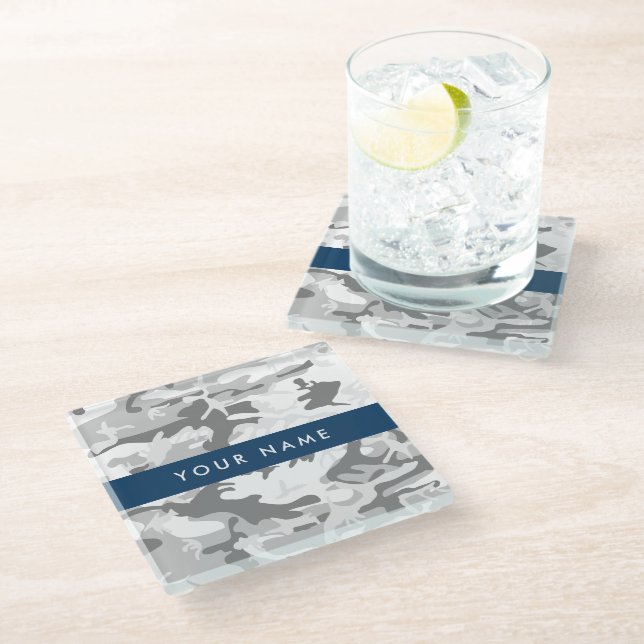 Winter Snow Gray Camouflage Your name Personalize Glass Coaster (Angled)