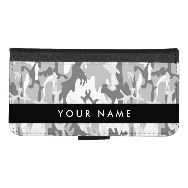 Winter Snow Gray Camouflage Your name Personalize iPhone Wallet Case (Front (Horizontal))