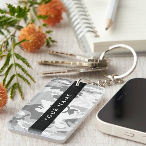 Winter Snow Gray Camouflage Your name Personalize Keychain
